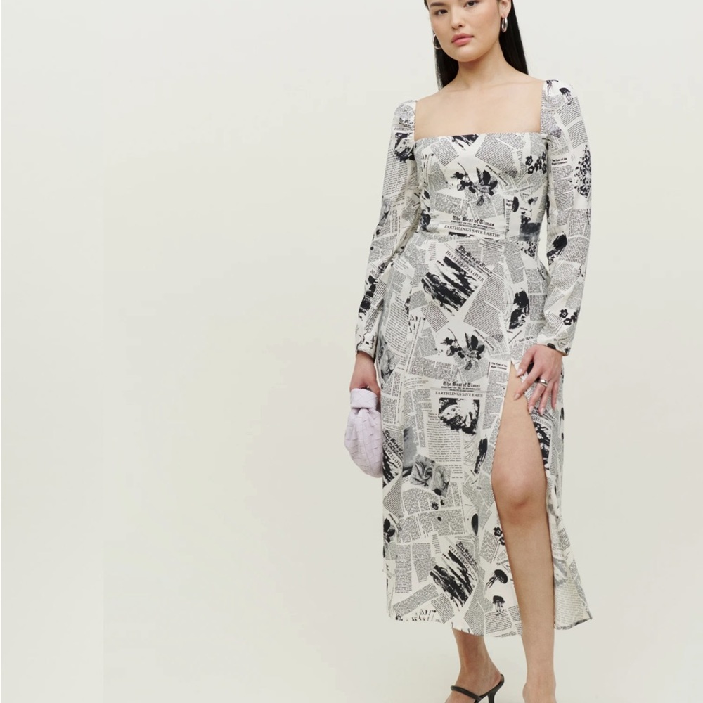 Reformation Sigmund dress in climate newsprint